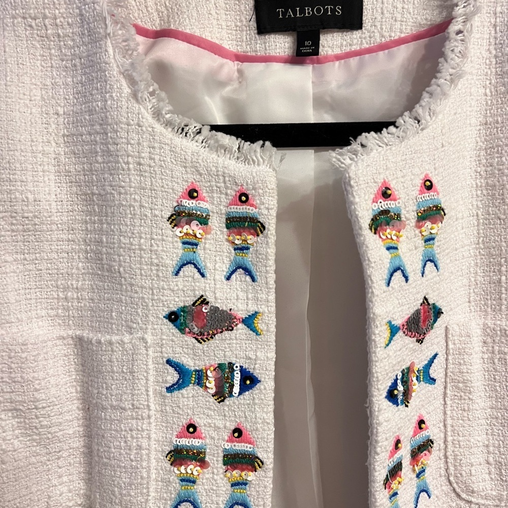 Talbots Women's Cream Textured Blazer with Colorful Embroidery - Picture 4 of 12
